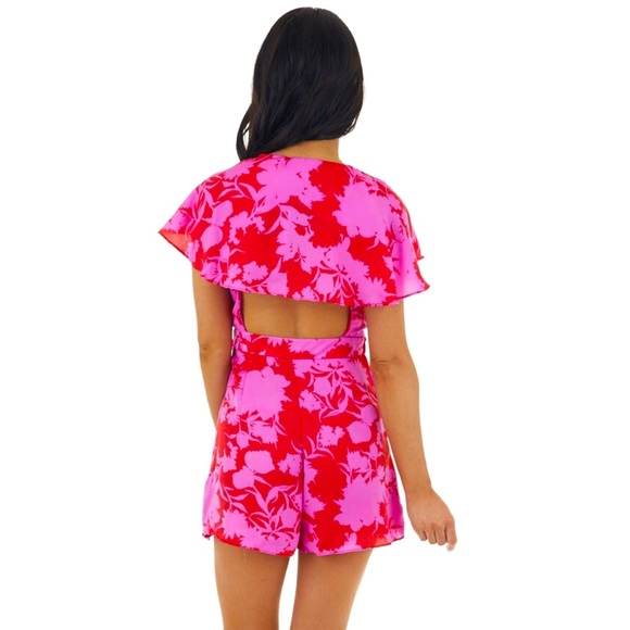 Do + Be Open Back Cutout Hot Pink & Red Floral Romper  Dress - Size S - Picture 7 of 12